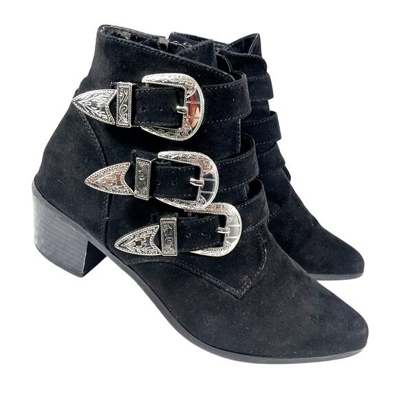 FOREVER 21! LUXE BLACK VEGAN SUEDE LEATHER TRIPLE BUCKLE ZIPPER BOOTS! SZ 8M - Picture 1 of 12